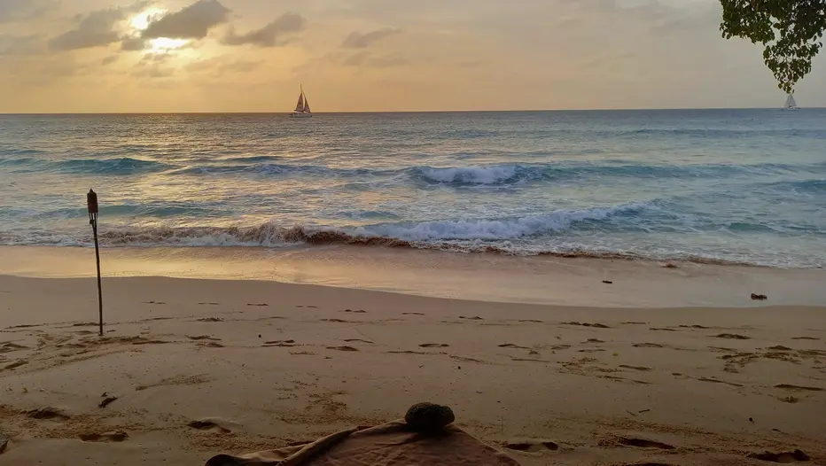 Sunset view from a Barbados beachfront restaurant